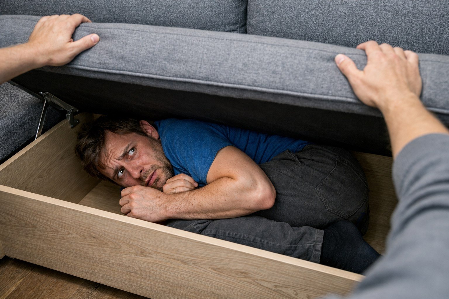 Должник по алиментам прятался в диване Сгенерировано chat.qwen.ai